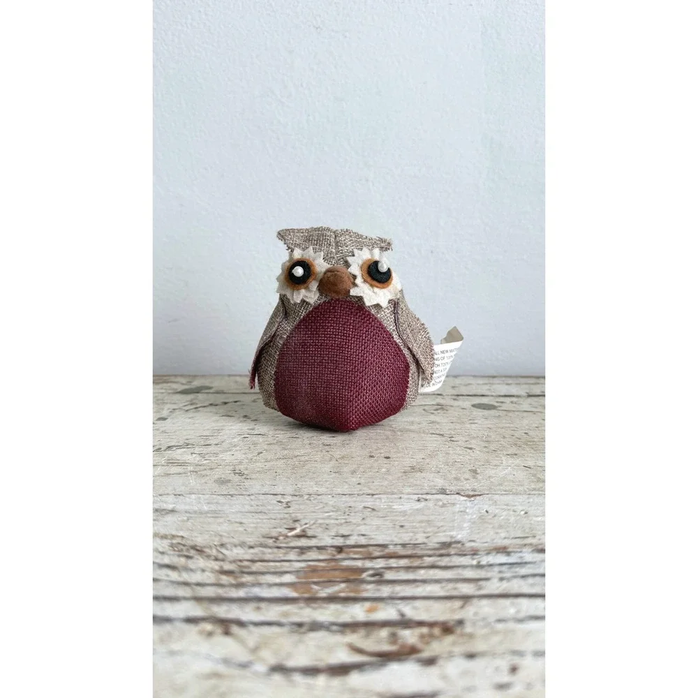 Rustic Burlap Owl Ornament Burgundy Tan Farmhouse Woodland Decor 4in